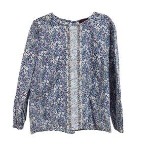 J. Crew Liberty Fabric Floral Long Sleeve Scalloped Blouse in Indigo Multi Size